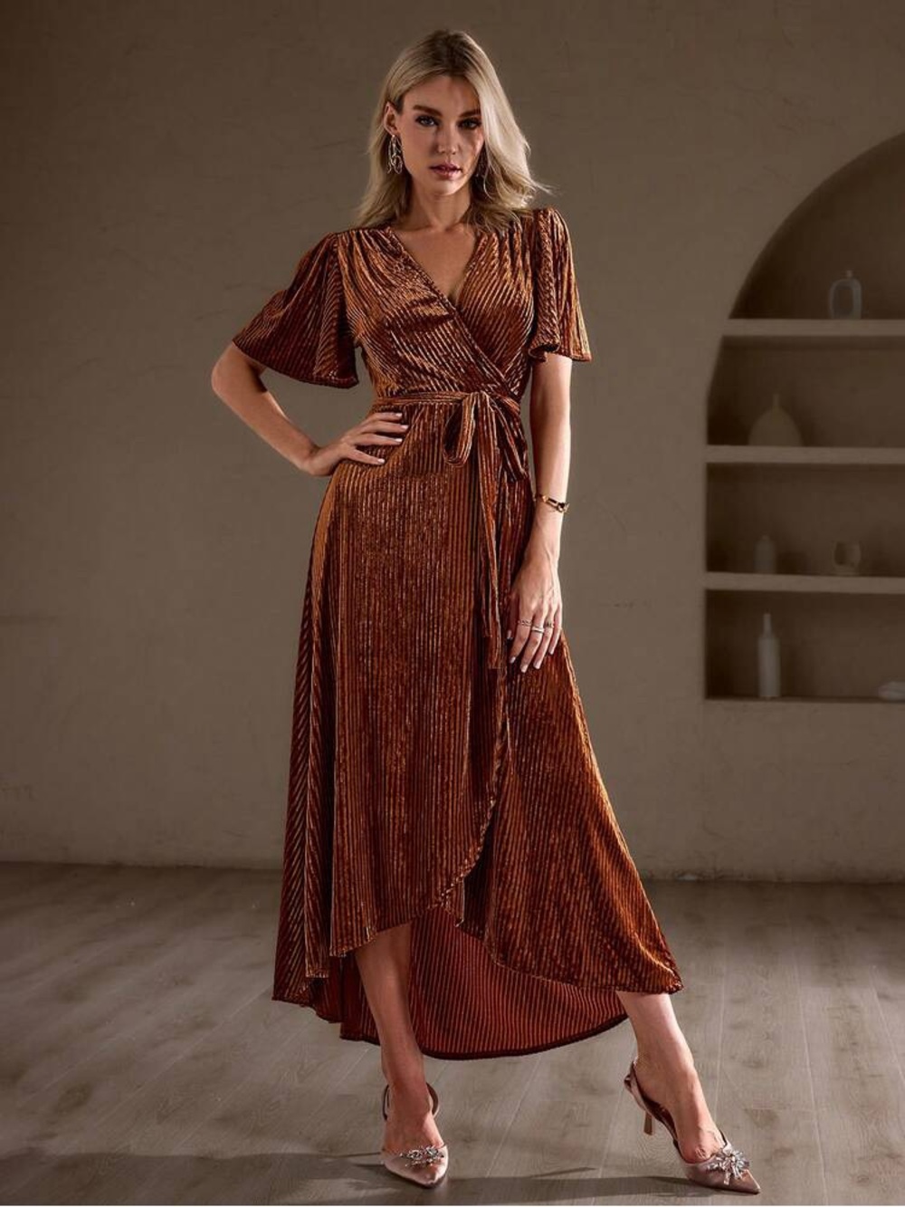 Simplee Butterfly Sleeve Ribbed Velvet Wrap Dress Like New Large